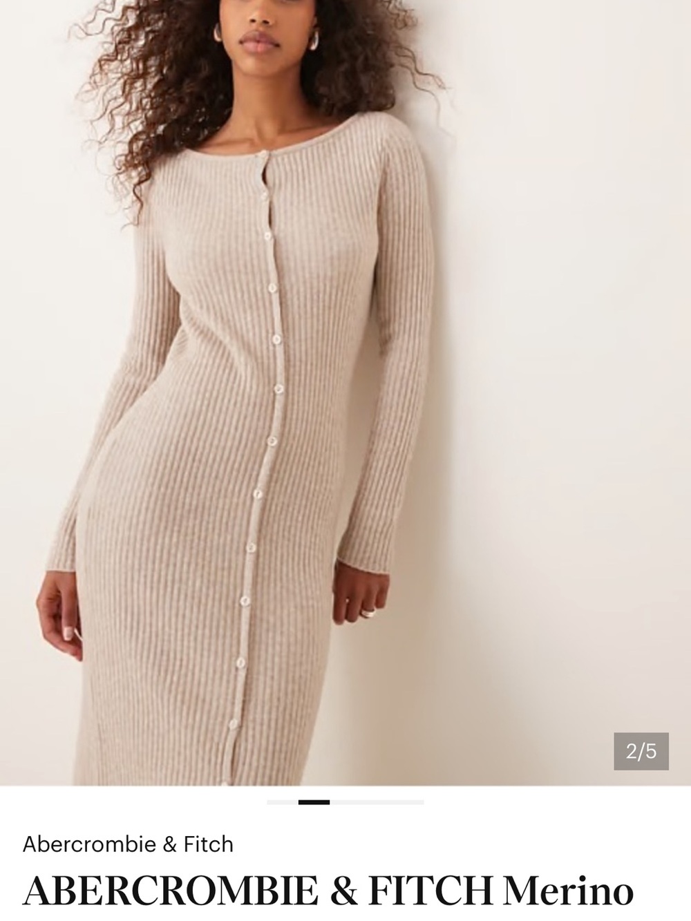 Abercrombie & Fitch Ribbed Button-Front Long Sleeve Dress in Oatmeal